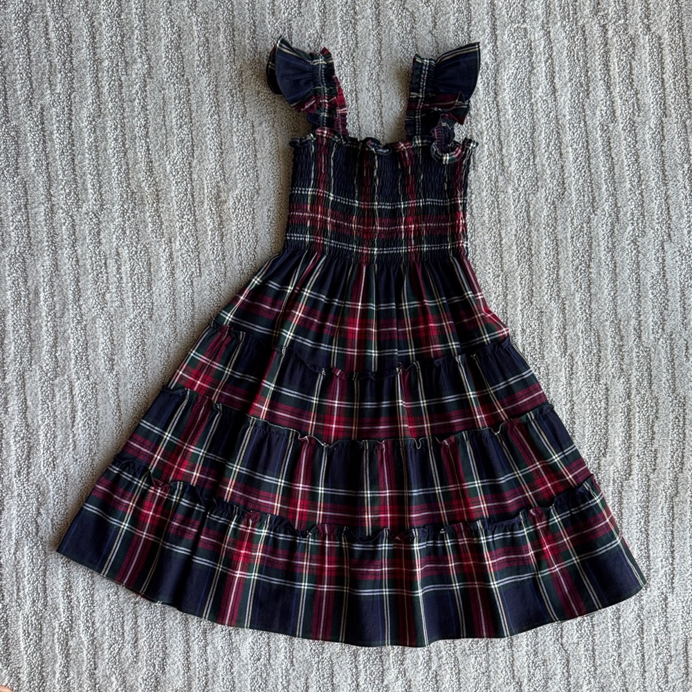 Hill House Girls 7-8Y navy blue Tartan plaid Tiny Ellie Nap dress smocked cotton
